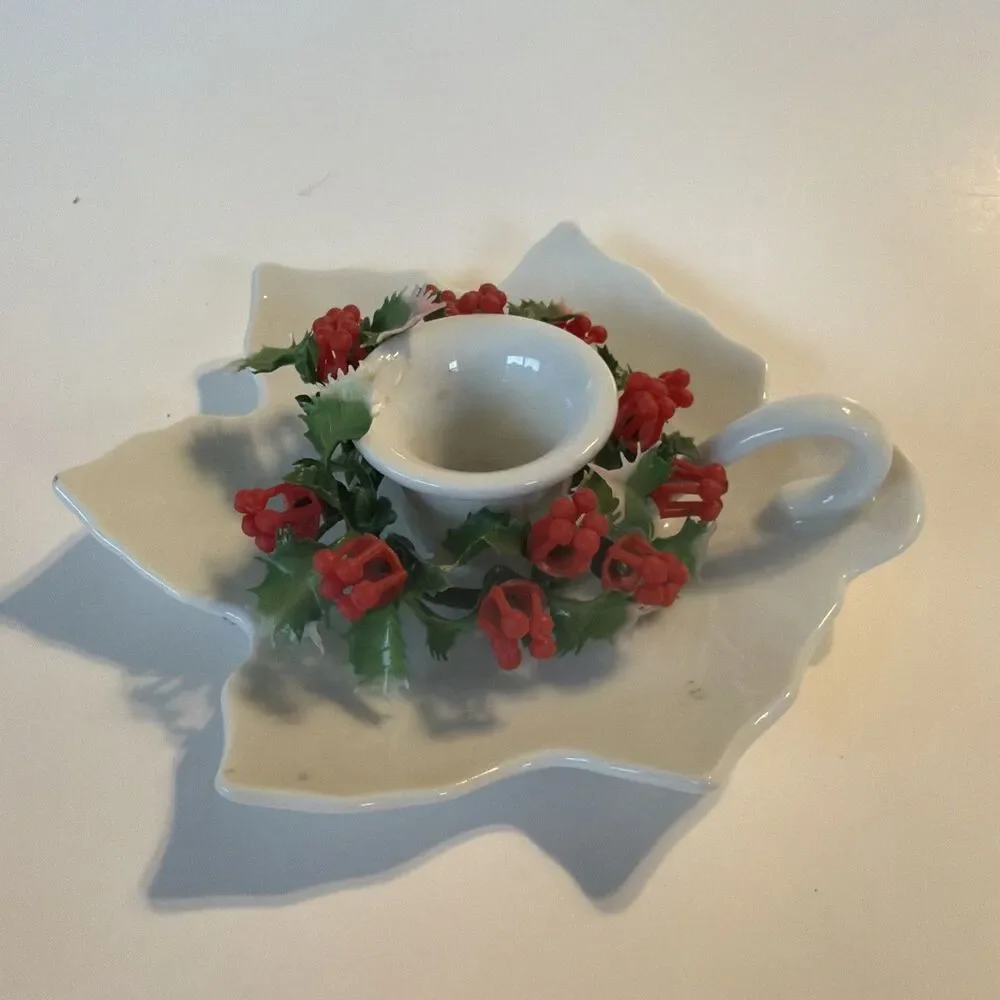 Vintage Japan White Ceramic Holly Leaf Tapered Candle Holder Christmas w Handle